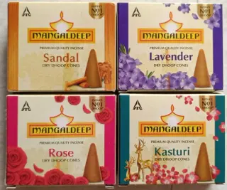 Mangaldeep Dry Dhoop Sticks | Assorted Flavours (Rose, Sandal, Kasturi & Mogra) | 9 sticks | Pack of 1